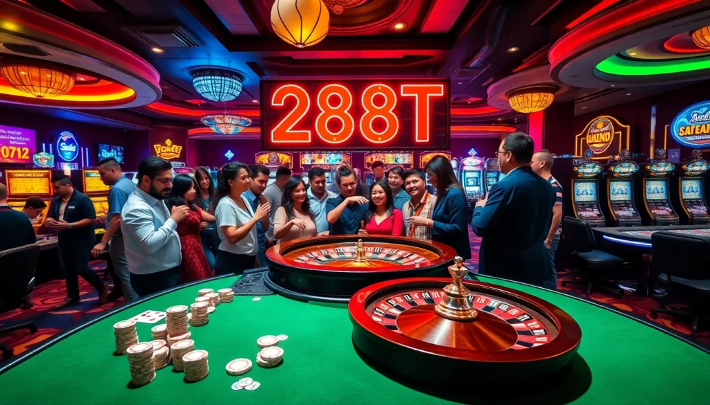 "Experience the thrilling atmosphere of 288T Casino, featuring vibrant games, poker chips, and roulette excitement."