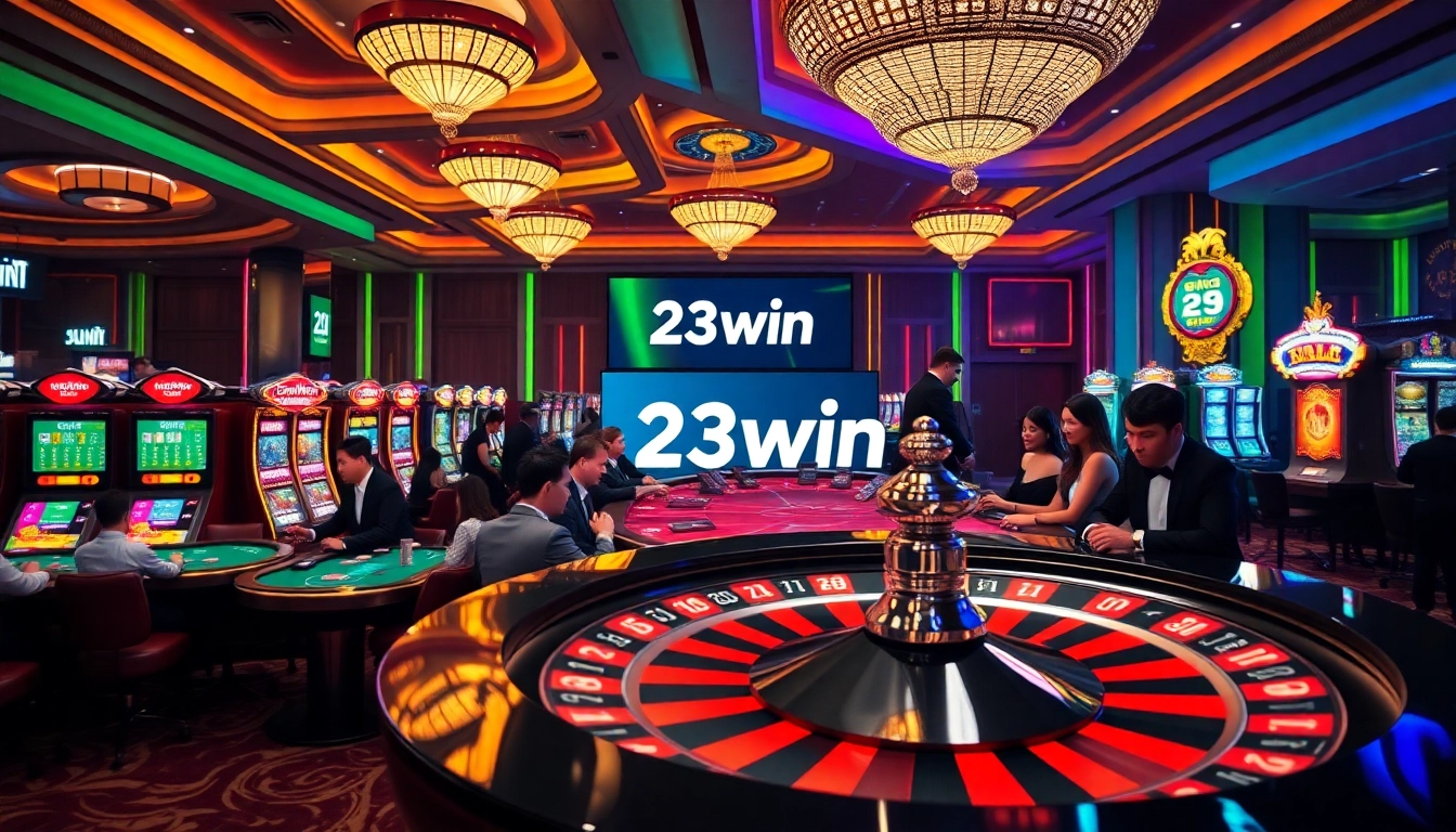 Players experiencing thrilling casino games at 23win, surrounded by vibrant slot machines and poker tables.