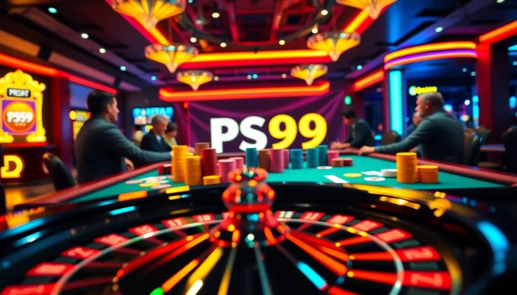 Experience the excitement of PS99 poker with vibrant chips and stunning roulette action.