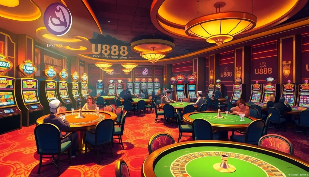 Experience the thrill of U888 with players at roulette tables, slot machines, and intense poker games.