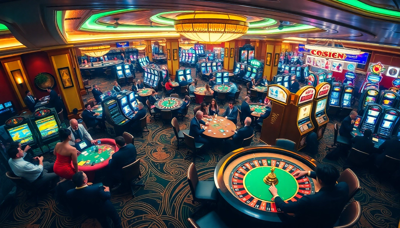 Engage in thrilling casino action at https://rr88m1.com/, featuring players at vibrant poker tables and lively slot machines.