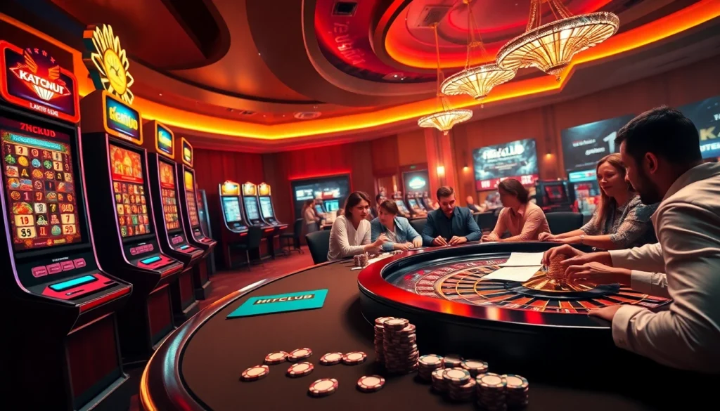 HITCLUB offers a thrilling online casino experience with vibrant slot machines and poker games in action.