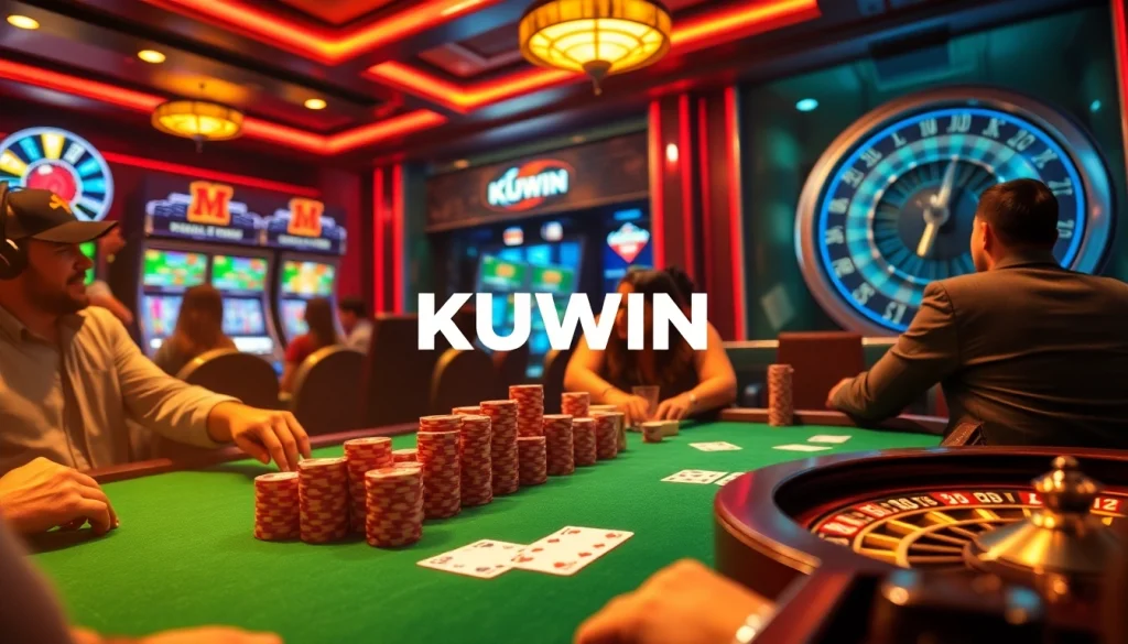 Players enjoying a thrilling game of poker with KUWIN branding in a lively casino atmosphere.